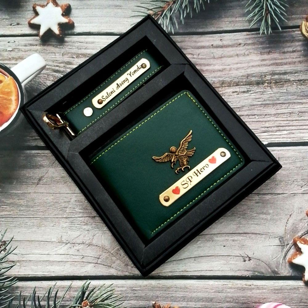 Personalized Leather Wallet with Customized Keychain with Name and Charm