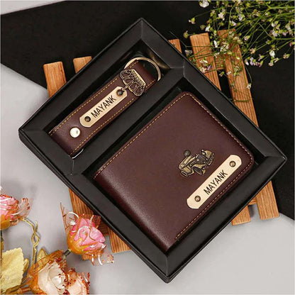 Personalized Leather Wallet with Customized Keychain with Name and Charm