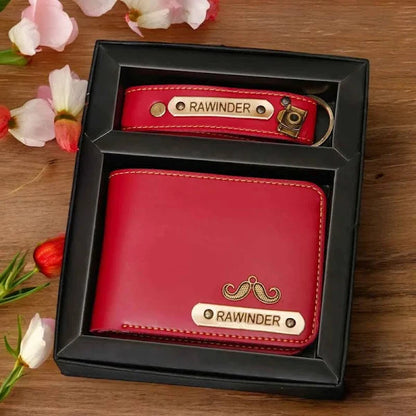 Personalized Leather Wallet with Customized Keychain with Name and Charm