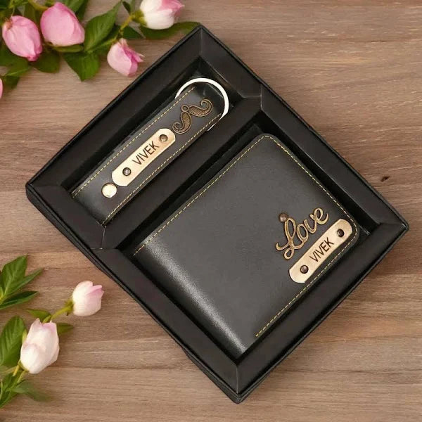 Personalized Leather Wallet with Customized Keychain with Name and Charm