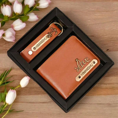 Personalized Leather Wallet with Customized Keychain with Name and Charm